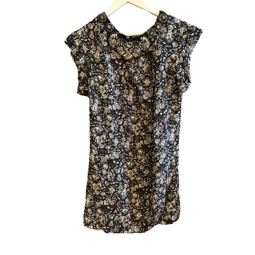 3.1 Phillip Lim Black Floral Silk Shift Dress Sz S Beaded Collar Cap Sleeve Mini